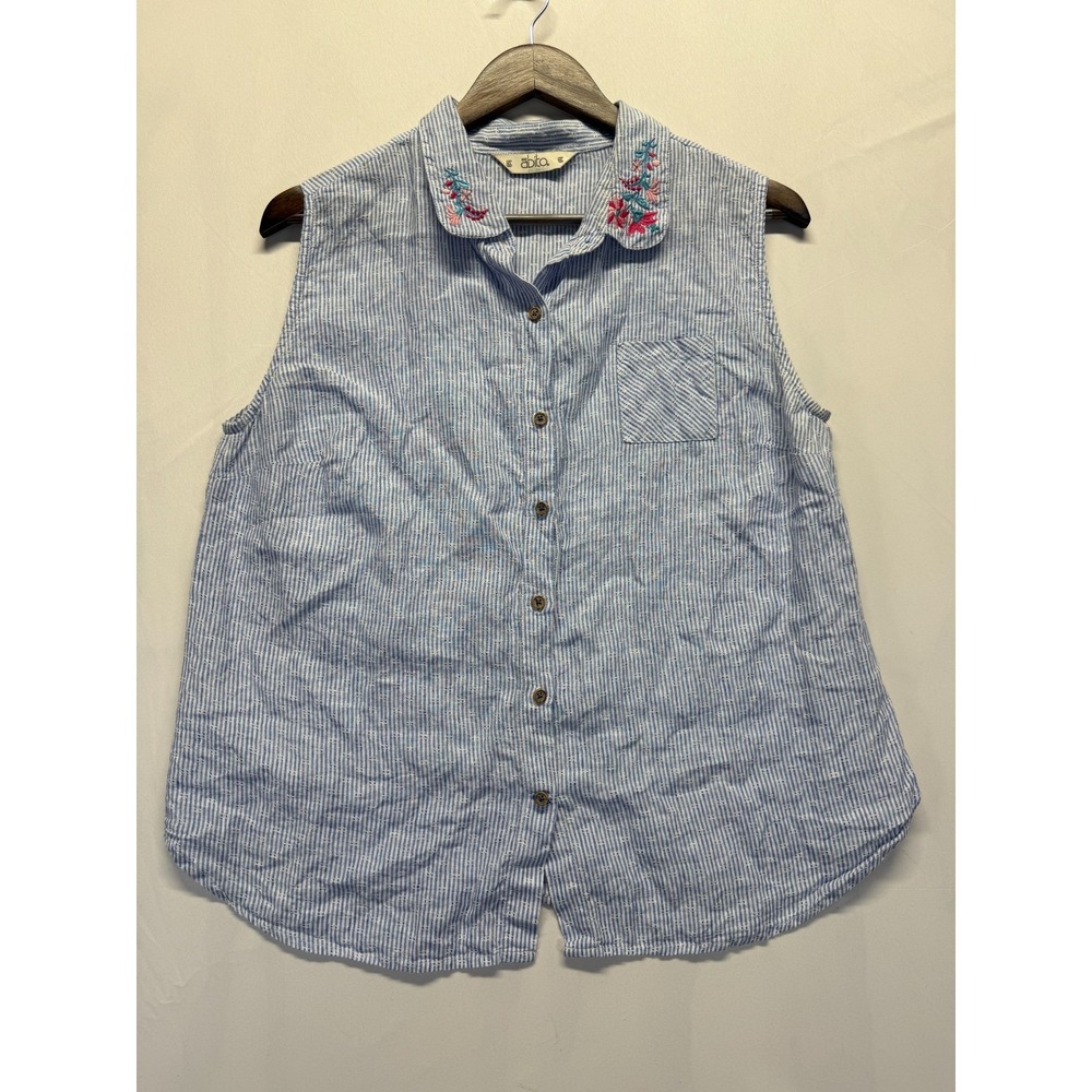 Abito Top Womens XL Blue White Vertical Striped Embroidered Floral Button Up